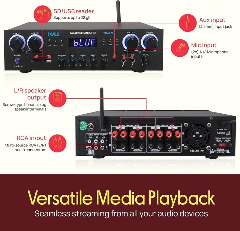 Pyle Bluetooth Home Stereo Amplifier Receiver - 4 Channel, 800 Watt Karaoke Sound System w/ MP3,USB,SD,AUX,RCA,FM,MIC, Headphone, Reverb + Delay, LED Vol, for Home, Studio, Theater Speakers - PDA77BU - Image 2